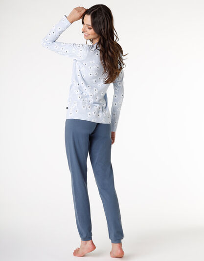 Pigiama donna lungo in jersey 100% cotone, azzurro stampato, , LOVABLE