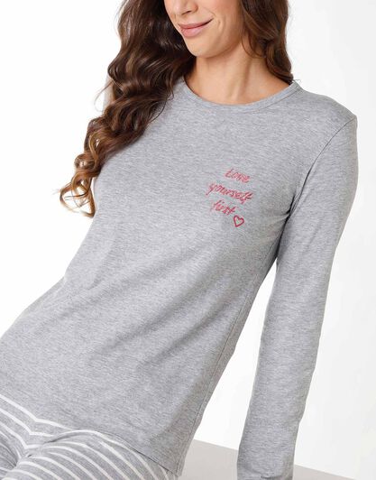 Pigiama lungo donna in jersey di cotone, grigio melange, , LOVABLE