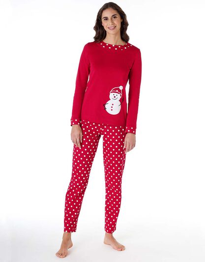 Pigiama donna lungo in 100% cotone interlock, rosso, , LOVABLE