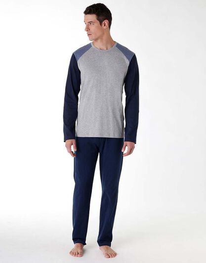 Pigiama lungo uomo in jersey di cotone, grigio melange e blu, , LOVABLE