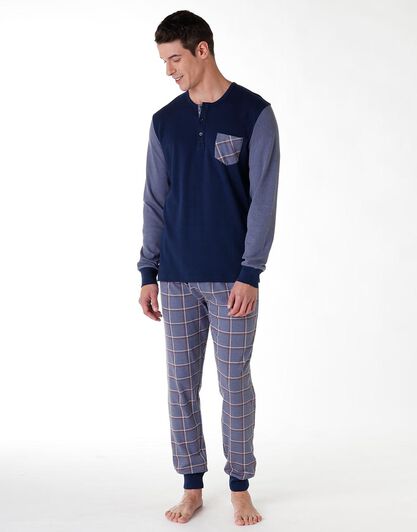 Pigiama uomo lungo in cotone interlock, blu navy e melange, , LOVABLE