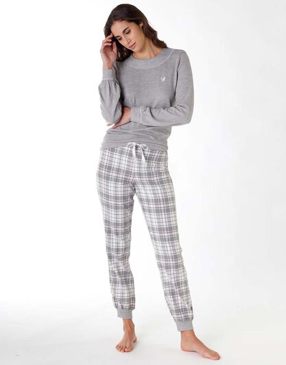 Pigiama lungo donna in tessuto caldo e flanella, grigio melange, , LOVABLE