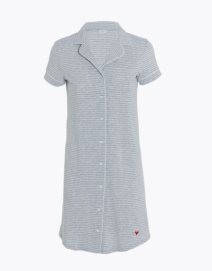 Camicia da notte aperta manica corta in jersey di cotone, righe grigie e bianche, , LOVABLE