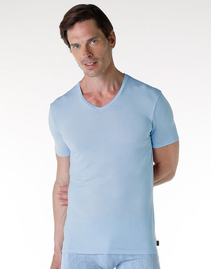 T-shirt con scollo a V Elegant Jacquard in modal, azzurro, , LOVABLE