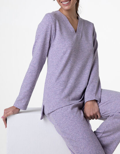 Pigiama Lungo scollo a V in Interlock garzato, rosa orchidea, , LOVABLE