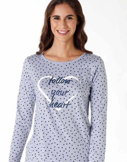 Pigiama donna lungo jersey 100% cotone, blu polvere, , LOVABLE