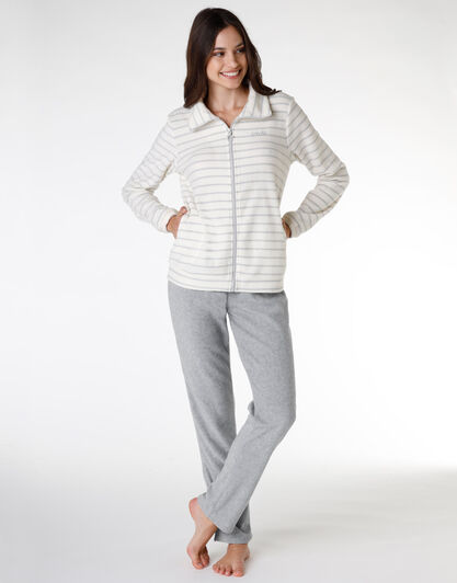 Homewear donna lungo in pile, grigio melange a righe, , LOVABLE