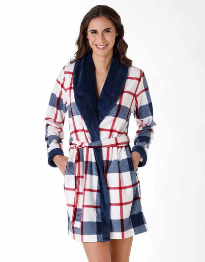 Vestaglia donna in micropile e pelliccetta, tartan avorio blu e rosso, , LOVABLE