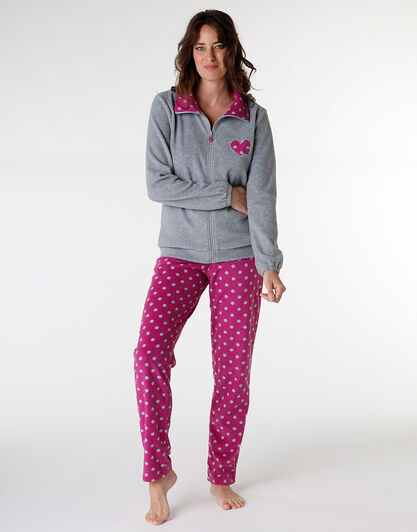 Homewear aperto in pelliccetta jacquard e micropile, rosa e grigio, , LOVABLE