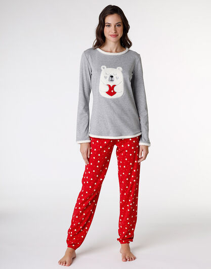 Pigiama in interlock di cotone, grigio melange con stampa orsacchiotto, , LOVABLE