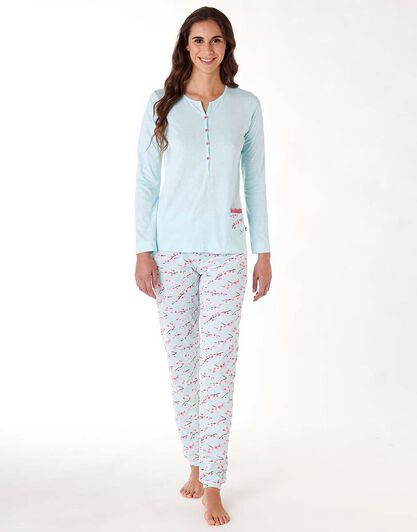 Pigiama lungo donna in 100% jersey di cotone, azzurro acqua, , LOVABLE