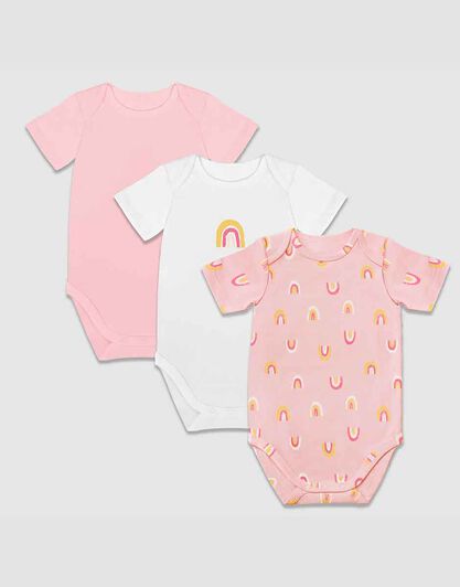 Body neonato a manica corta in cotone biologico pacco da 3, fantasia arcobaleno, rosa e bianco, , LOVABLE