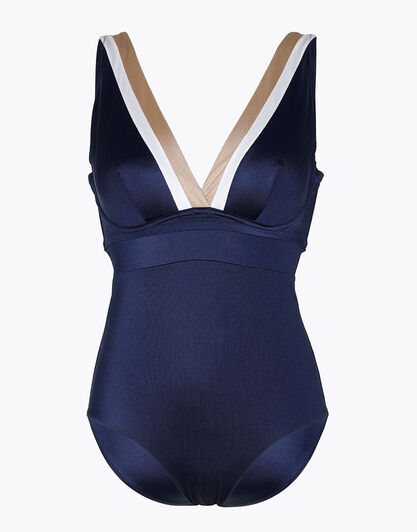 Costume intero con ferretto Shiny Colour Block in microfibra, blu bianco bronzo, , LOVABLE