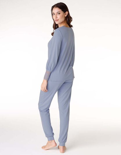 Pigiama lungo donna in tessuto caldo, blu polvere, , LOVABLE