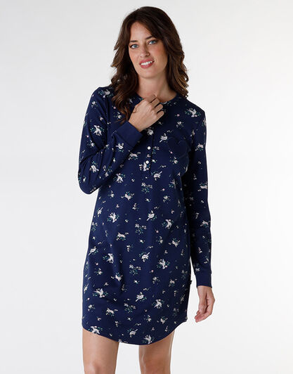 Camicia da notte in interlock di cotone, blu stampato, , LOVABLE