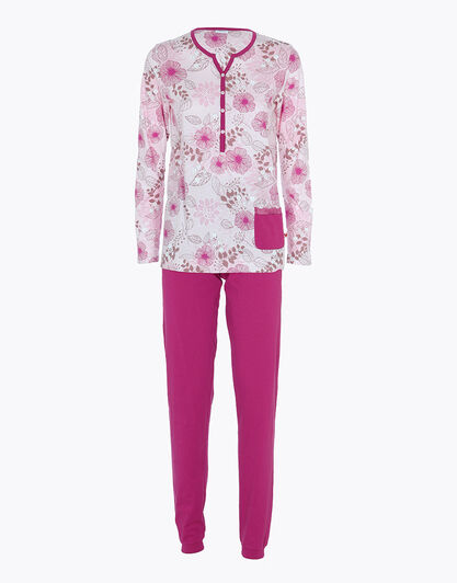 Pigiama lungo in jersey di cotone, rosa con stampa floreale, , LOVABLE