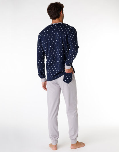 Pigiama lungo uomo in 100% cotone, blu navy stampato, , LOVABLE