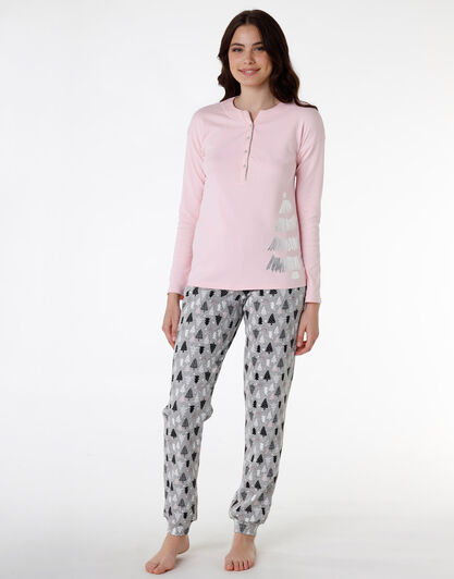 Pigiama donna lungo in 100% cotone interlock, rosa, , LOVABLE