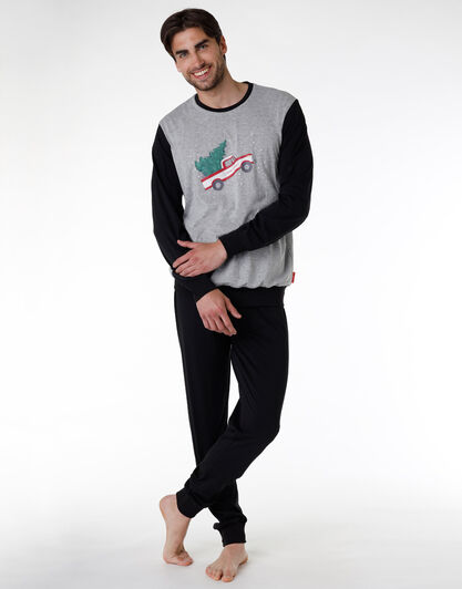 Pigiama uomo lungo in jersey di cotone, nero, , LOVABLE