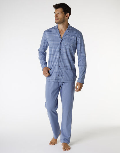 Pigiama lungo in cotone, blu polvere con stampa a riquadri, , LOVABLE