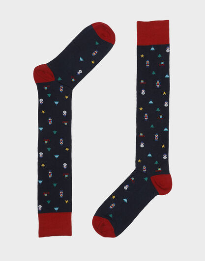 Calze lunghe natalizie in cotone, blu navy con stampa, , LOVABLE