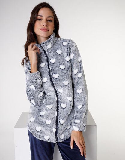 Homewear aperto in pelliccetta jacquard e micropile, blu, , LOVABLE