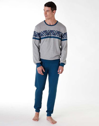 Pigiama lungo uomo in cotone interlock, blu petrolio e grigio, , LOVABLE