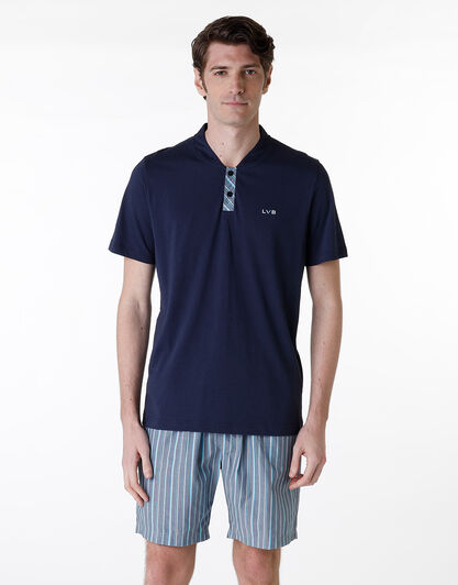 Pigiama corto serafino in jersey e tela, blu navy, , LOVABLE