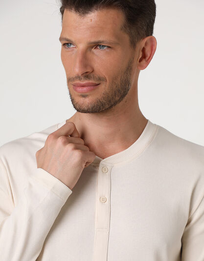 Pigiama Lungo Collo Serafino in Jersey Rib e Interlock, avorio, , LOVABLE