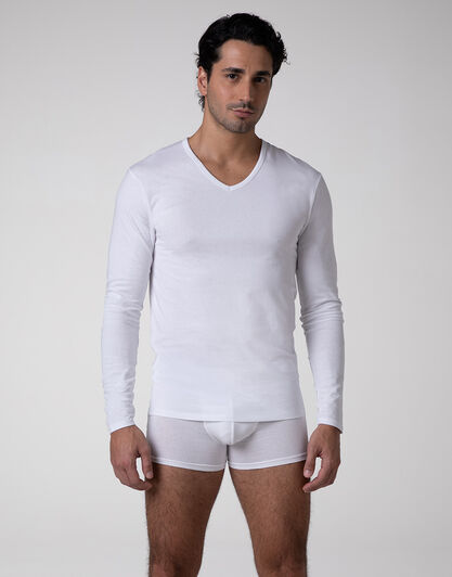 Maglia Manica Lunga scollo a V Cool Sensation in Stretch Cotton, bianco, , LOVABLE