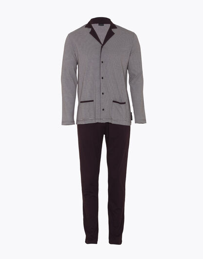 Pigiama manica e gamba lunga, righe bordeaux, in cotone con tasche applicate sul fronte, , LOVABLE