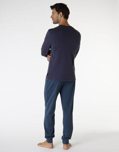 Pigiama lungo in interlock di cotone, blu navy con stampa a quadri, , LOVABLE