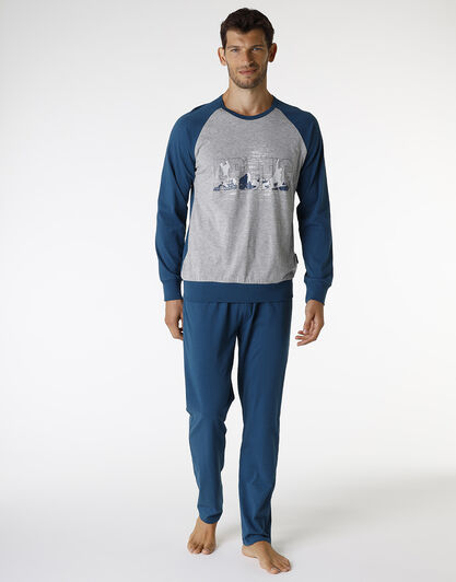 Pigiama in jersey di cotone, grigio melange stampato e blu petrolio, , LOVABLE