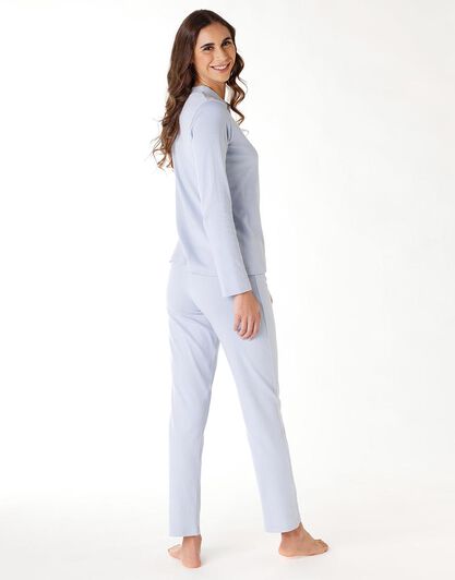 Pigiama lungo donna in 100% cotone interlock, blu polvere, , LOVABLE