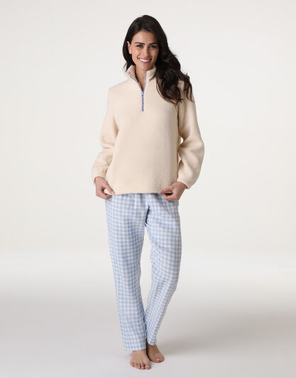 Homewear Chiuso con mezza Zip in Flanella e Pelliccetta, bianco, , LOVABLE