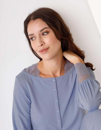 Pigiama lungo donna in tessuto caldo, blu polvere, , LOVABLE