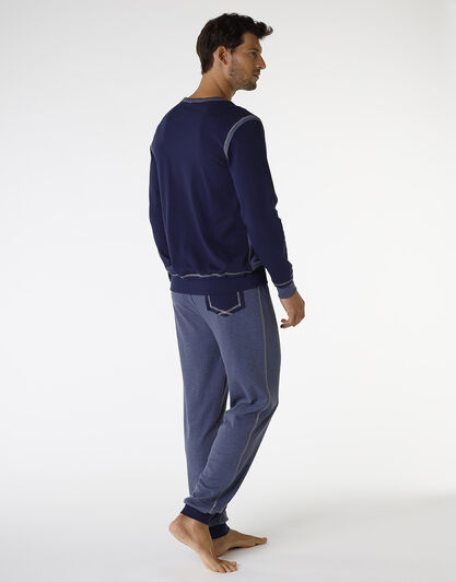 Pigiama lungo in Interlock filato melange, blu navy e blu melange, , LOVABLE