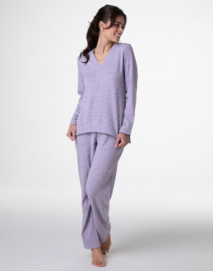 Pigiama Lungo scollo a V in Interlock garzato, rosa orchidea, , LOVABLE