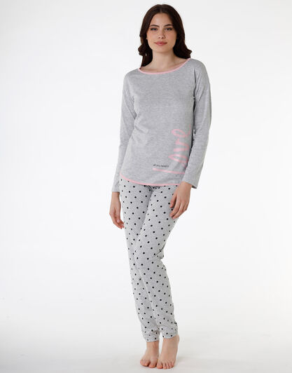Pigiama donna lungo in jersey di cotone, grigio melange, , LOVABLE