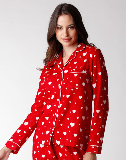 Casacca pigiama donna in flanella, rosso con cuori, , LOVABLE