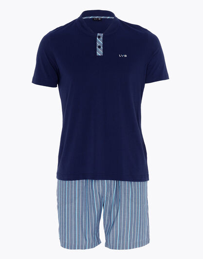 Pigiama corto serafino in jersey e tela, blu navy, , LOVABLE
