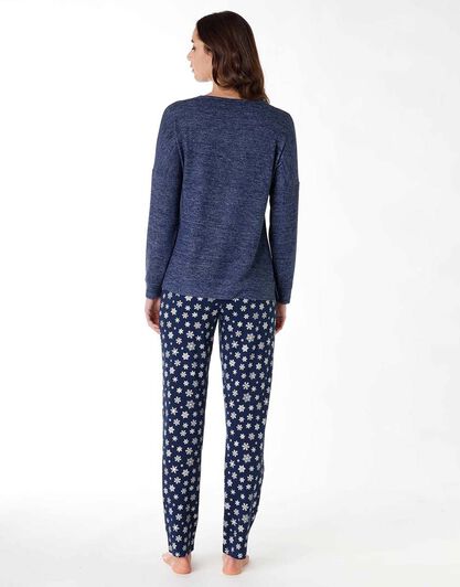 Pigiama lungo donna in cotone interlock, blu con stampa di stelle, , LOVABLE