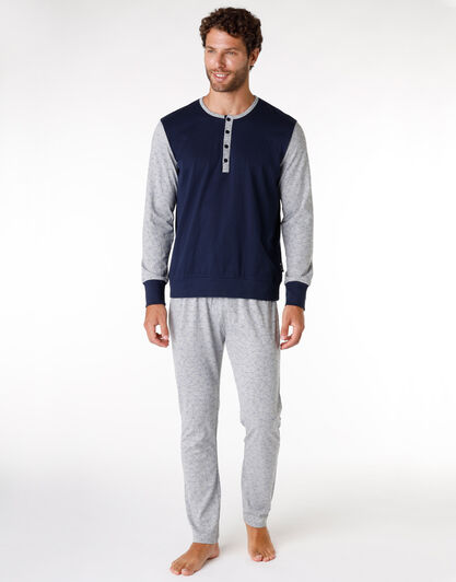 Pigiama lungo uomo in jersey di cotone, blu navy e grigio stampato, , LOVABLE
