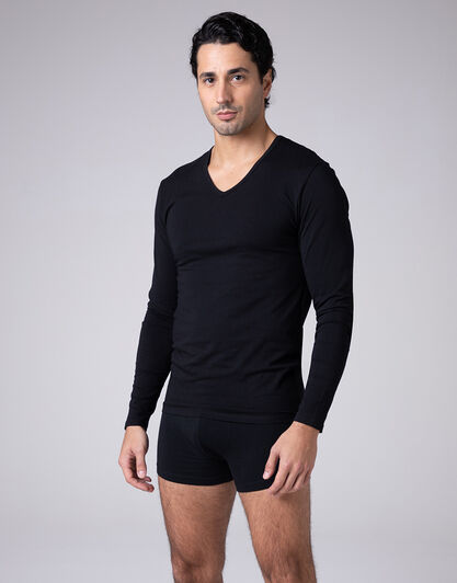 Maglia Manica Lunga scollo a V Cool Sensation in Stretch Cotton, nero, , LOVABLE