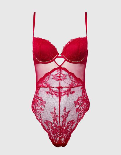La Senza – Body in pizzo e tulle, rosso , , LOVABLE