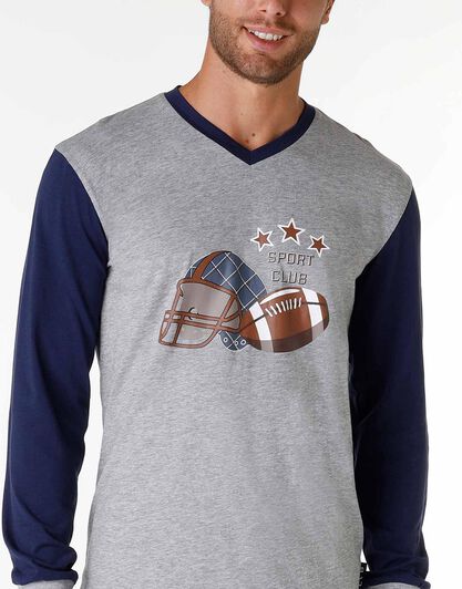 Pigiama uomo lungo in cotone jersey, grigio melange stampa rugby, , LOVABLE
