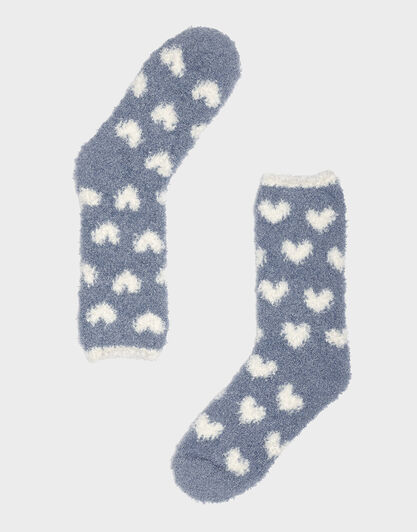 Calzini caldi donna, blu polvere con cuoricini, , LOVABLE