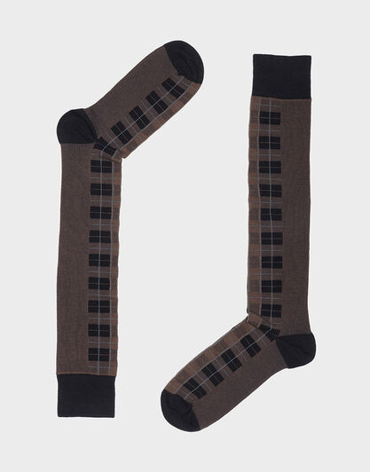 Calze lunghe da uomo in cotone, stampa check blu navy e marrone, , LOVABLE