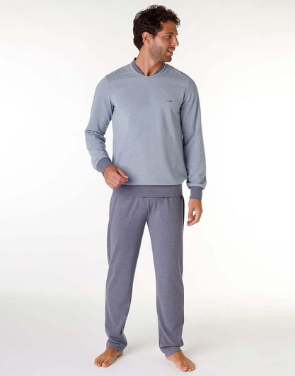 Pigiama lungo uomo in tessuto caldo, blu melange, , LOVABLE