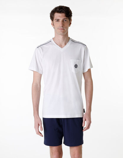 Pigiama corto scollo a V in jersey, bianco e blu navy, , LOVABLE